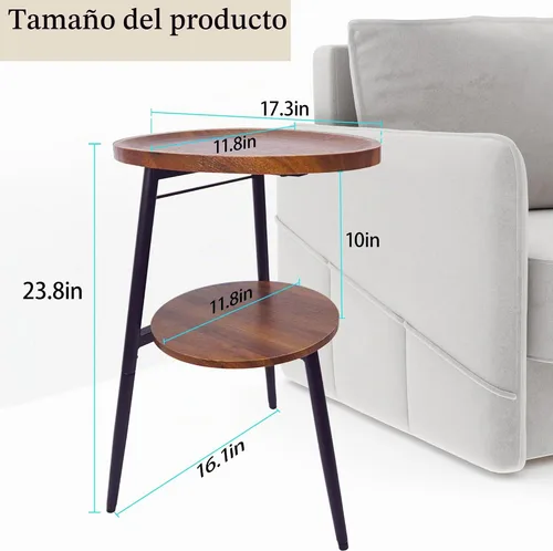 Vista 3 de Mesa auxiliar pequeña, mesa redonda ovalada de madera, mesa de sofá de 2 niveles, mesita de noche con marco de metal para sala de estar, dormitorio