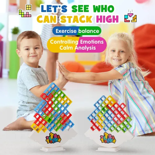 Vista 3 de WOWNOVA 48 piezas Torre Tetra, divertido juego de equilibrio y construcción de bloques para apilar para niños, adultos, amigos, equipo, aula