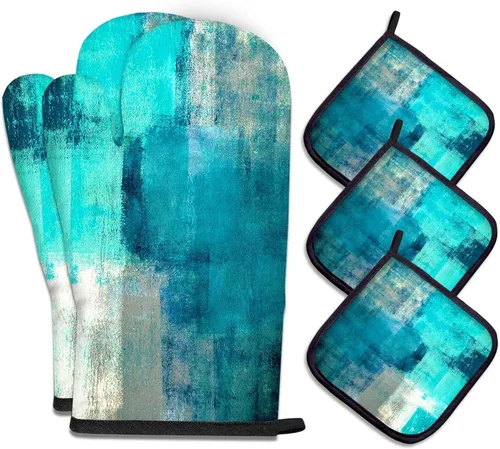 Vista 36 de MCALK Juego de 5 manoplas de horno y soportes para ollas, guantes abstractos para horno y almohadillas calientes para cocina de cocina, manoplas