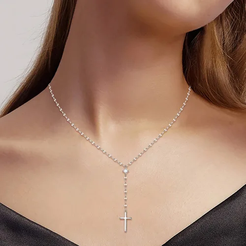 Vista 2 de EVER FAITH Encantador collar de plata 925 en forma de Y, circonita cúbica blanca con colgante de cruz religiosa Lariat, regalo de joyería