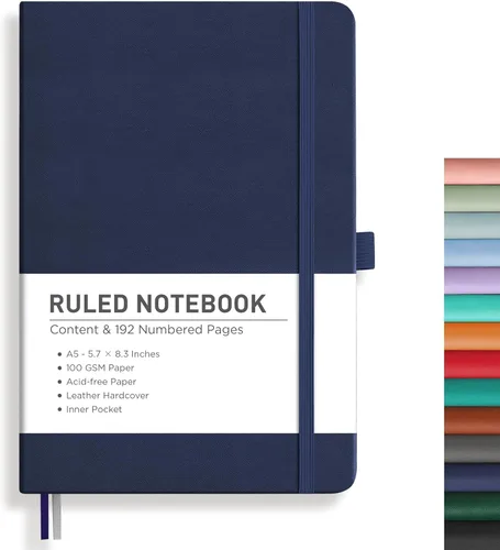 Vista 45 de RETTACY Cuaderno de diario con puntos y viñetas, 192 páginas, tamaño mediano A5 (5.7" x 8.3"), tapa dura de cuero, papel grueso de 100 gsm