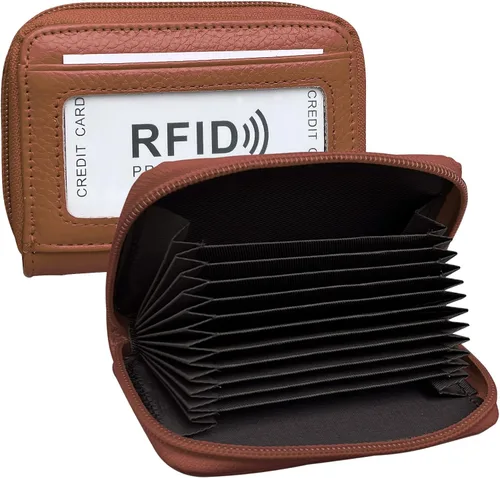 Vista 14 de Billetera de cuero genuino con bloqueo RFID, con soporte para tarjeta de crédito, segura para viajes, Negro, Pequeña, Cartera con cremallera
