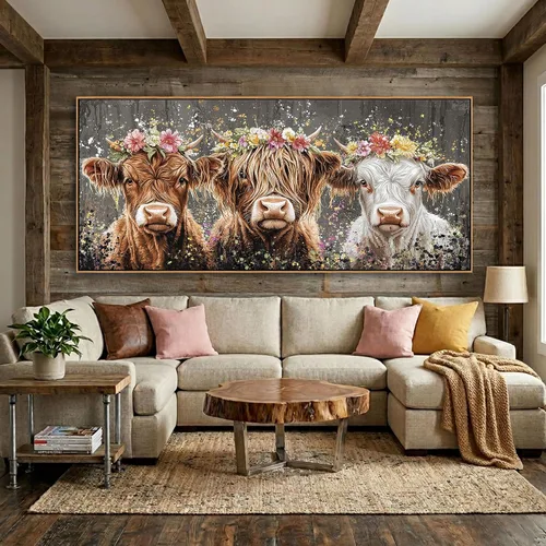 Vista 21 de AJAZIKO Arte de Pared de Vaca de las Tierras Altas - Decoración de Pared de Granja y Campo Rústico, Cuadros Grandes en Lienzo para Sala de Estar