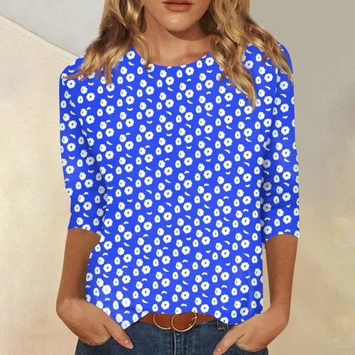 Vista 4 de Camisetas de vacaciones para mujer, blusa casual suelta de manga 34 para mujer, a la moda, casual, cuello redondo, manga tres cuartos, camiseta