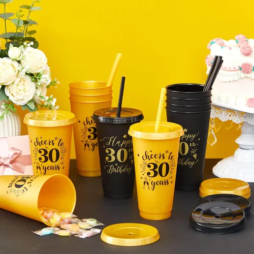 Vista 4 de Uiifan 12 vasos de plástico de plástico con tapa y popote de 24 onzas para cumpleaños, cumpleaños, bodas, aniversarios, decoración (30º)