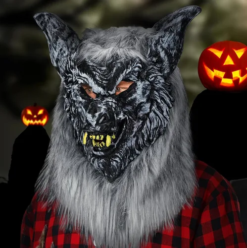 Vista 3 de Juego de 6 piezas de disfraz de hombre lobo de Halloween, máscara de cabeza, cola de lobo de piel sintética gris, collar, guantes para adultos