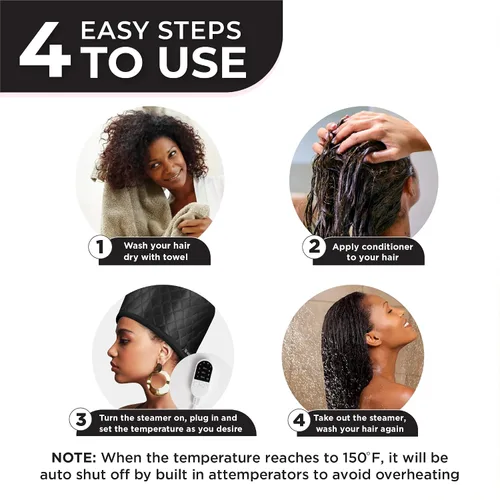 Vista 7 de Vaporizador de cabello para cabello natural para uso doméstico con 10 niveles de calor que se calienta rápidamente, gorro térmico para Negro