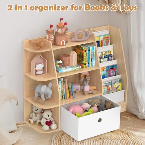Vista 3 de Estantería para niños y almacenamiento de juguetes, estante de madera de 4 niveles para libros, estantería grande para niños con cajones, estantería