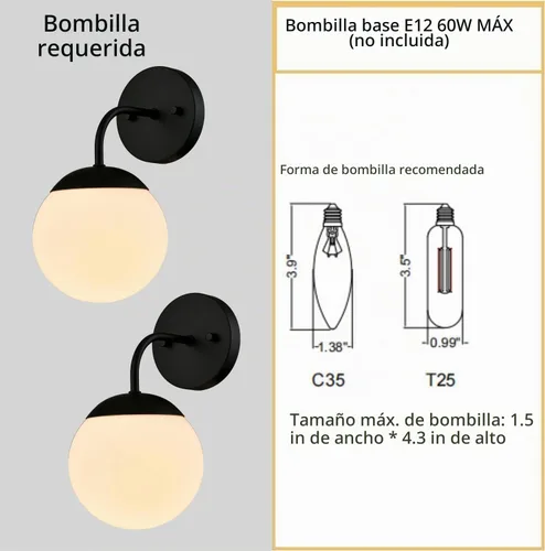 Vista 5 de Aplique de pared negro moderno de estilo nórdico con pantalla de vidrio de globo lechoso Juego de 2 luces de tocador, accesorio de iluminación