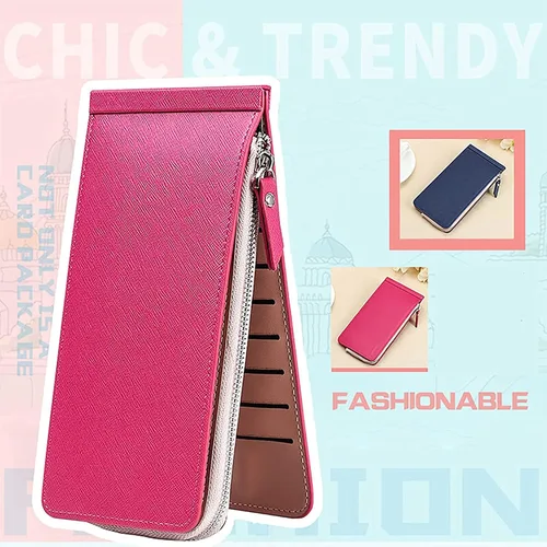 Vista 4 de Billetera larga multifuncional, cartera para mujer, con bloqueo de billetera, con bolsillo con cremallera, cartera para múltiples tarjetas