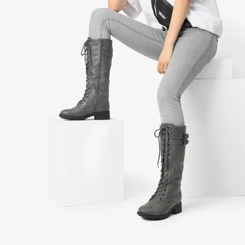 Vista 9 de DREAM PAIRS - Botas de poliuretano a la rodilla para mujer, estilo de equitación o combate