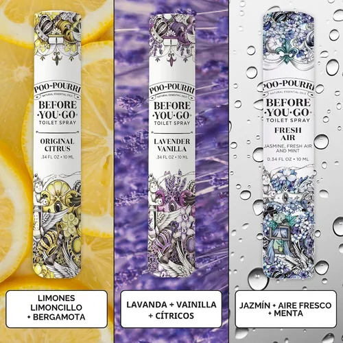 Vista 5 de Poo-Pourri Before-You-Go Spray para Inodoro, Artículos Esenciales de Viaje, 0.34 Fl Oz, Variedad In A Pinch Paquete de 3, Cada Uno Hasta 20 Usos