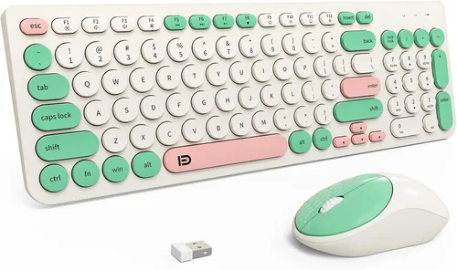 Vista 10 de FD Combo de teclado y mouse inalámbricos, bonito teclado y mouse coloridos con teclado retro inalámbrico de 2.4 GHz, apagado automático, receptor