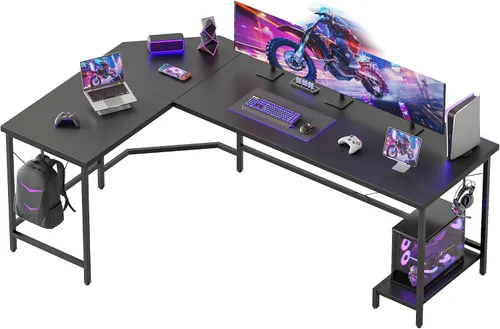 Vista 20 de Mericonia Escritorio para computadora en forma de L con tomas de corriente, escritorio para juegos reversible con estantes de almacenamiento y Marrón