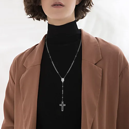 Vista 3 de Hisatan Rosario de cuentas católicas con dije de cruz, rosario, cruz de cuentas de rosario, cadena en Y para mujer, medalla milagrosa de María