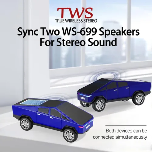 Vista 6 de WS-699 Replica de altavoz solar Bluetooth - Diseño futuro de camioneta, sonido HD, emparejamiento estéreo TWS, radio FM, luz LED de fiesta