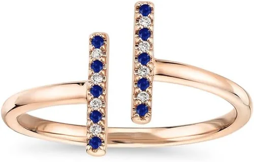 Vista 9 de Anillo de barra abierta de zafiro azul y diamante blanco alternativo para mujer, anillo de barra abierta de zafiro azul con acabado de oro de 14