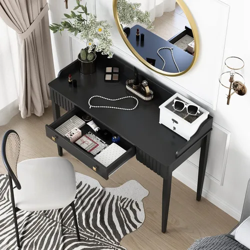 Vista 5 de Escritorio de maquillaje de madera negra que ahorra espacio, mesa moderna para computadora con cajones y asas doradas