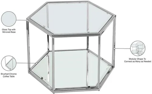 Vista 5 de Meridian Furniture Sei Collection Modern Mesa de centro modular contemporánea de cristal con base de espejo, 1 pieza, cromo