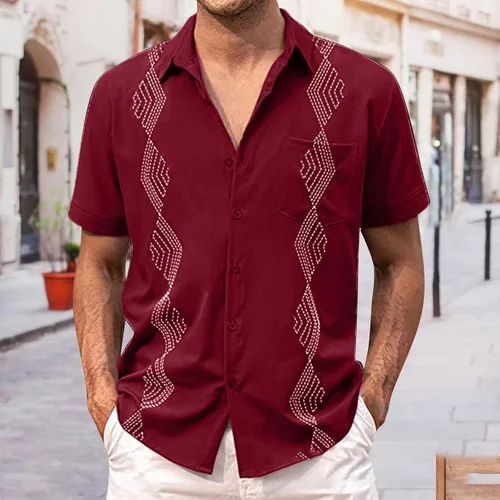 Vista 2 de Camisas de guayabera cubana para hombre, estilo casual, con botones, para vacaciones, camisa hawaiana, manga corta, cuello de solapa, tops de playa