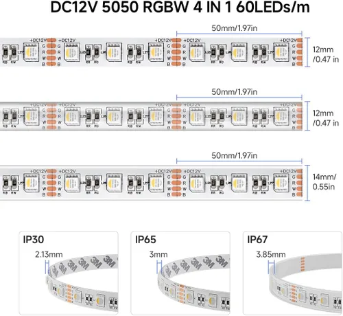 Vista 7 de BTF-LIGHTING 5050 RGBW RGB+Blanco Cálido(2700K-3000K) 4 colores en 1 tira de luz LED DC12V 5m 16.4 pies 60LED/m Multicolor IP30 Blanca 12mm PCB
