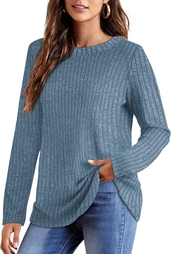 Vista 3 de OFEEFAN - Blusas de manga larga para mujer, blusas estilo túnica ligeras de cuello redondo e informales