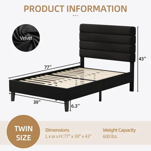 Vista 2 de IMMERSTABLE Marco de Cama Individual con Cabecera Tapizada de Terciopelo, Marco de Cama Plataforma Individual con Soporte de Listones de Madera, No