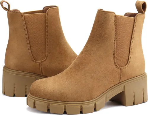 Vista 17 de starmerx Botines de plataforma para mujer, botas Chelsea elásticas, tacón medio, botines sin cordones