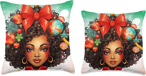 Vista 3 de Black women Christmas ornament melanin curly hair Melanin Christmas Queen Xmas Black Girl Magic Ornament - Almohada de 16 x 16 pulgadas, multicolor