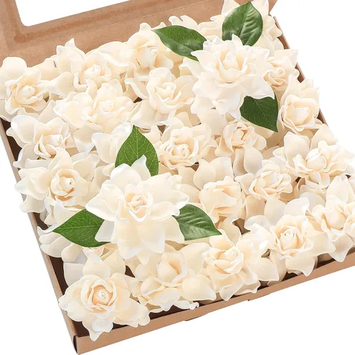 Vista 12 de Floroom - Flores artificiales de gardenia de 2.7" 25 unidades de aspecto real color rubor con tallos para manualidades, ramos de boda, centros