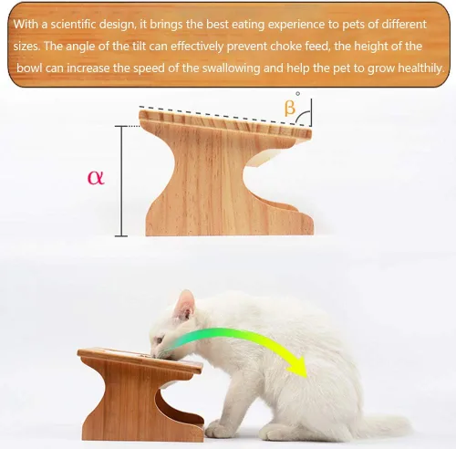 Vista 4 de Tazones para gatos y mascotas, mesa de comedor con pendiente elevada, soporte de madera elevado para mascotas con soporte oblicuo para una Acero