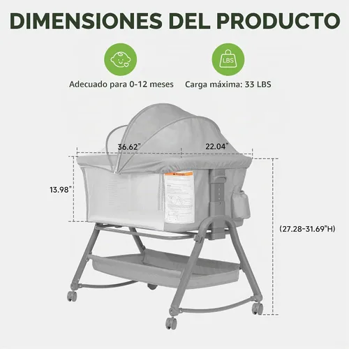 Vista 6 de Real Relax Moisés para bebé, cuna mecedora 3 en 1 para bebé con 6 alturas ajustables, laterales y colchón de malla transpirable, cesta de Gris
