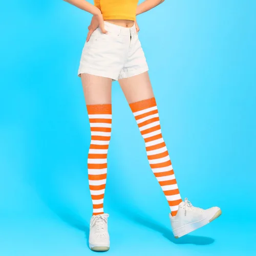 Vista 3 de Benefeet Sox Medias altas hasta el muslo a rayas por encima de la rodilla, calcetines de tubo con rayas de colores para cosplay, Halloween, fiesta