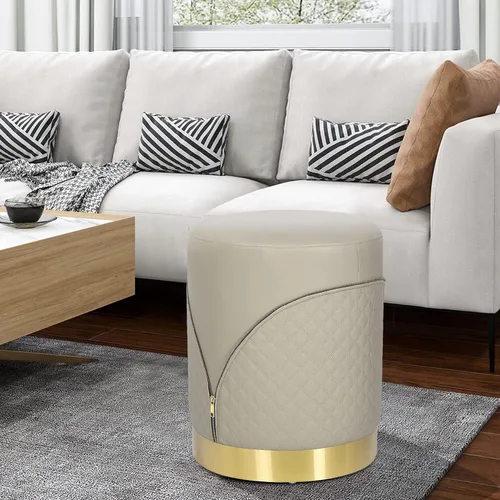 Vista 2 de Reposapiés tapizado en piel sintética redonda con base dorada, silla de maquillaje para salón, dormitorio