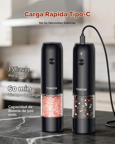 Vista 4 de Juego de molinillo de sal y pimienta eléctrico de TOMEEM con luces LED – Molinillo automático recargable de sal y pimienta con 6 ajustes de grosor