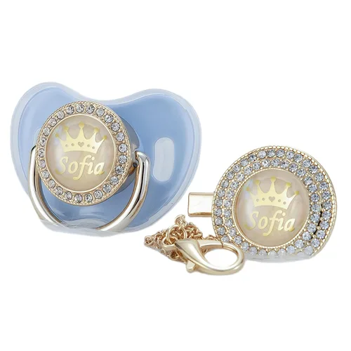 Vista 11 de Juego de Chupete y Clip Personalizado con Cualquier Nombre, Bling Oro Plata, 18 Colores, Libre de BPA, Diseño Único Lujoso, Chupete Ideal para Bebé