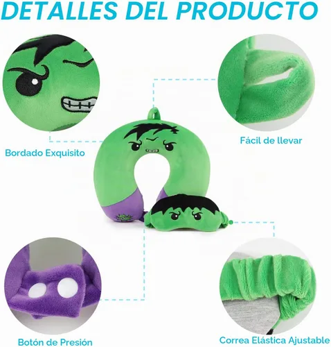 Vista 4 de Almohada de viaje de superhéroe para niños y adultos con máscara para los ojos, almohada de cuello en forma de U de espuma viscoelástica con funda