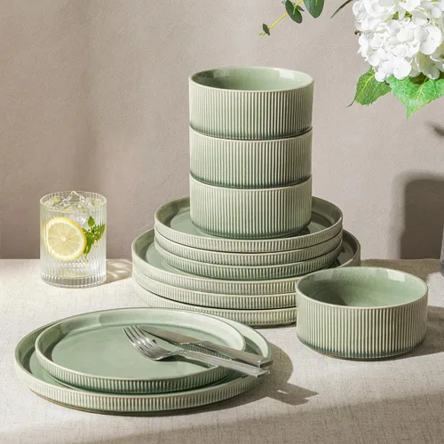 Vista 26 de GBHOME Stoneware Dinnerware Sets for 4, 12-Piece Plates and Bowls Set