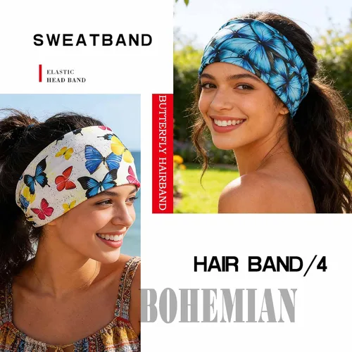 Vista 3 de Olbye Diademas anchas bohemias para la cabeza, bandas elásticas con botón de mariposa, bandana, yoga, correr, atlético, turbante, bandas