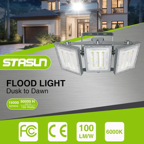 Vista 2 de Luces LED de inundación para exteriores, 150 W, 15000 lúmenes, 6000 K, del anochecer al amanecer, iluminación exterior con fotocélula IP66