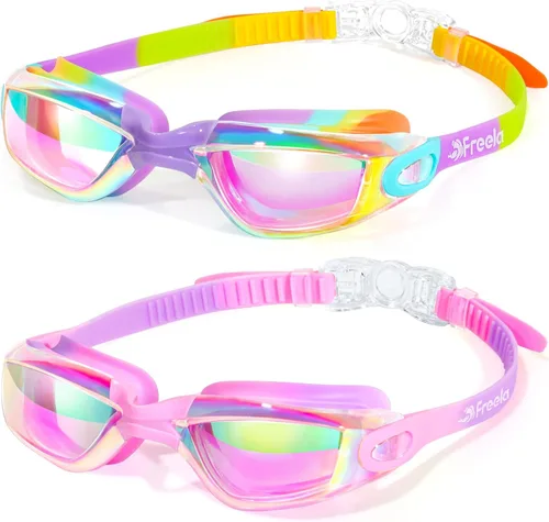 Vista 8 de Freela Gafas de natación para niños, paquete de 2 gafas de natación para niños de 3 a 14 años, gafas de natación para niños y niñas, antivaho