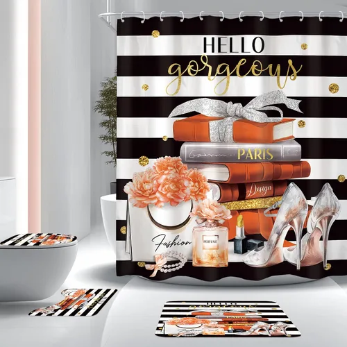 Vista 16 de Juego de cortina de ducha de baño de 4 piezas de perfume de libros de moda A1-rosa Negro Blanco