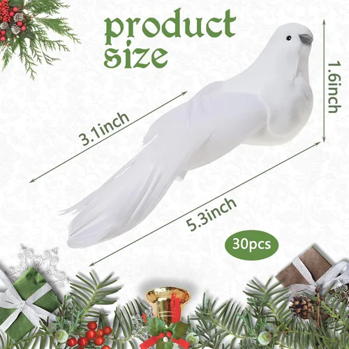 Vista 2 de Taiyin 30 palomas blancas artificiales para decoración de árbol de Navidad, figuras de palomas artificiales de 5.3 pulgadas de largo, pájaros