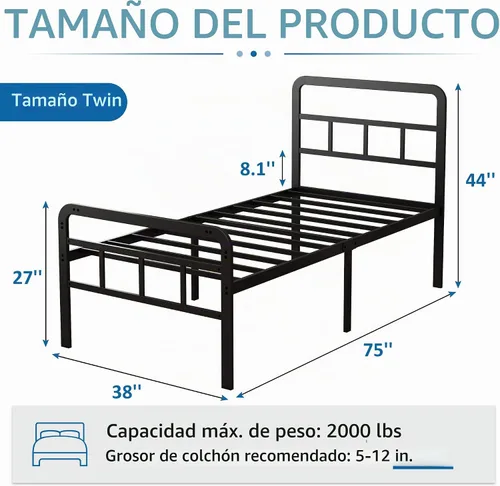 Vista 2 de Marco de cama individual de metal de 18 pulgadas con cabecero