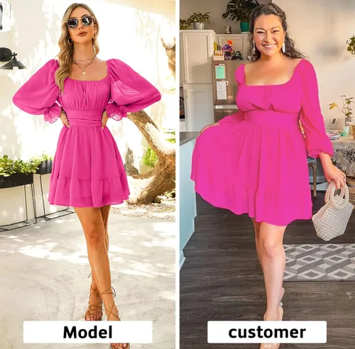Vista 2 de Exlura - Vestido de manga larga para mujer con cuello cuadrado holanes cintura elástica acampanado amarre posterior estilo casual y corto