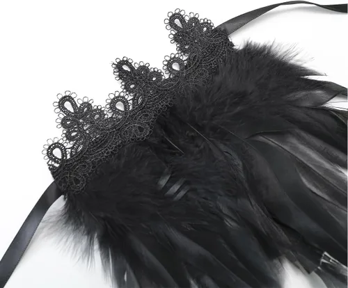 Vista 4 de Disfraz de bruja de cisne de cuervo maléfica con puños de encaje de plumas negras para Halloween, paquete de 2, Negro