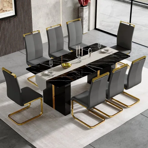 Vista 30 de Mesa de comedor moderna para mesa de comedor de mármol sintético blanco de 6, 8, 71 pulgadas, con patas negras y doradas, mesa de cocina rectangular