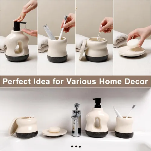 Vista 4 de BosilunLife Juego de 4 accesorios de baño de cerámica, dispensador de jabón Beige con negro.
