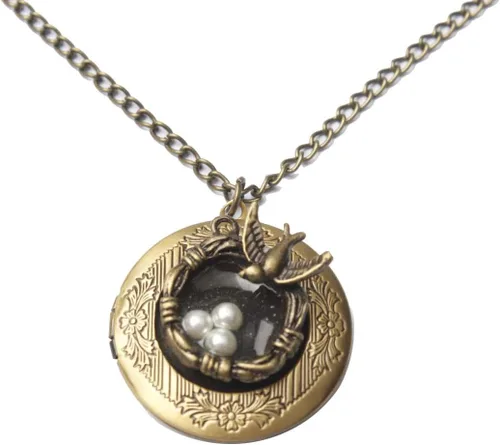 Vista 4 de Collar de medallón de pájaro. Collar de nido de pájaro, collar de bronce. Collar de medallón con dije de pájaro, Metal
