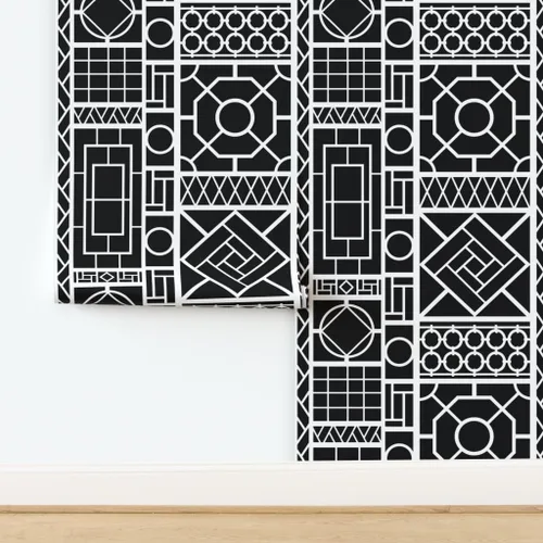 Vista 4 de Spoonflower Pelar y pegar muestra de papel tapiz - Enrejado Negro Círculos Blancos Graffiti Chinoiserie Palm Beach China Papel pintado extraíble